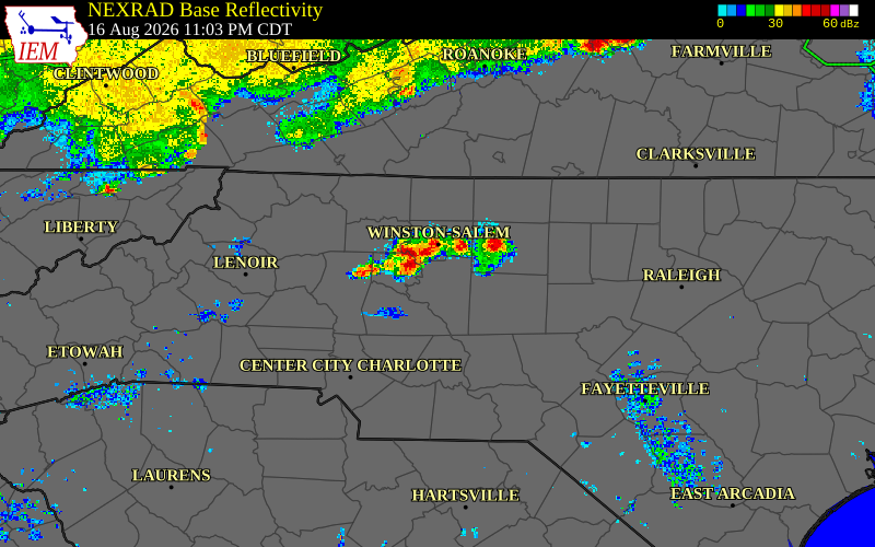 Radar snapshot during the Aug 16, 2026 wind event near Davidson County, Davidson County, North Carolina, with NWS warning polygons