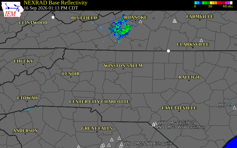 Current NEXRAD radar over Davidson County, North Carolina with recent storm report locations