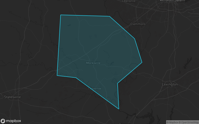 Map of Davie County, North Carolina showing the county boundary and surrounding cities