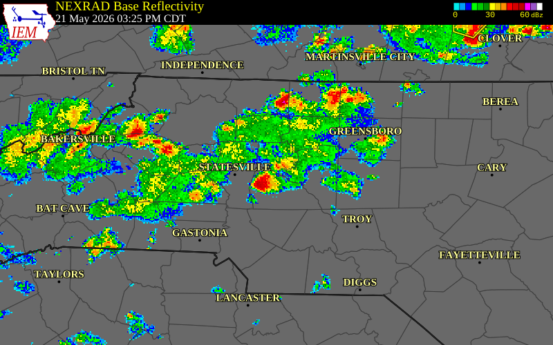 NEXRAD radar during the Thursday, May 21, 2026 storm activity in Davie County, North Carolina