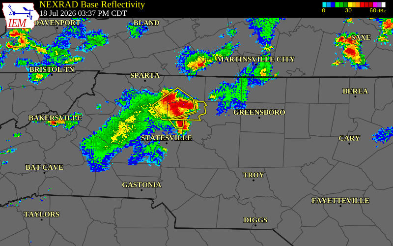 NEXRAD radar during the Saturday, July 18, 2026 storm activity in Davie County, North Carolina