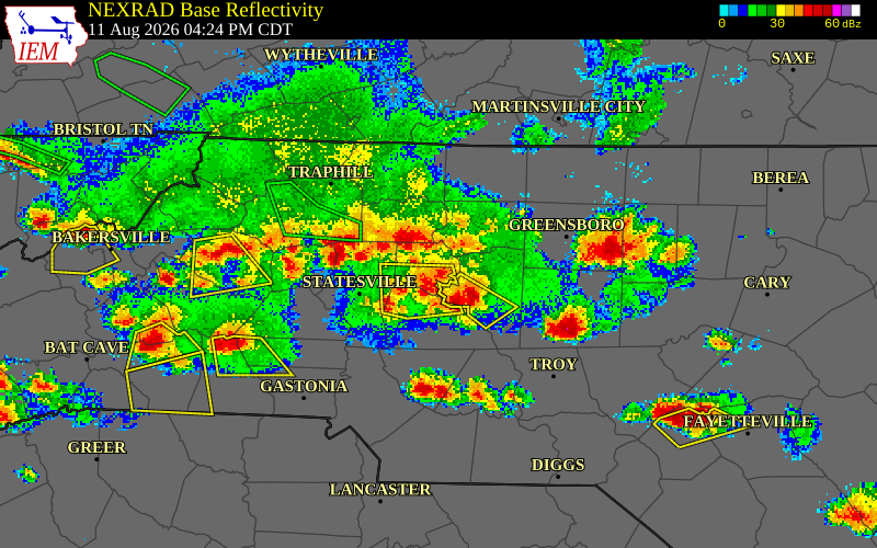 NEXRAD radar during the Tuesday, August 11, 2026 storm activity in Davie County, North Carolina