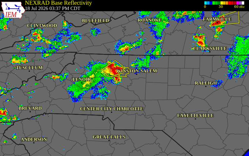 Radar snapshot during the Jul 18, 2026 wind event near Davie County, Davie County, North Carolina, with NWS warning polygons