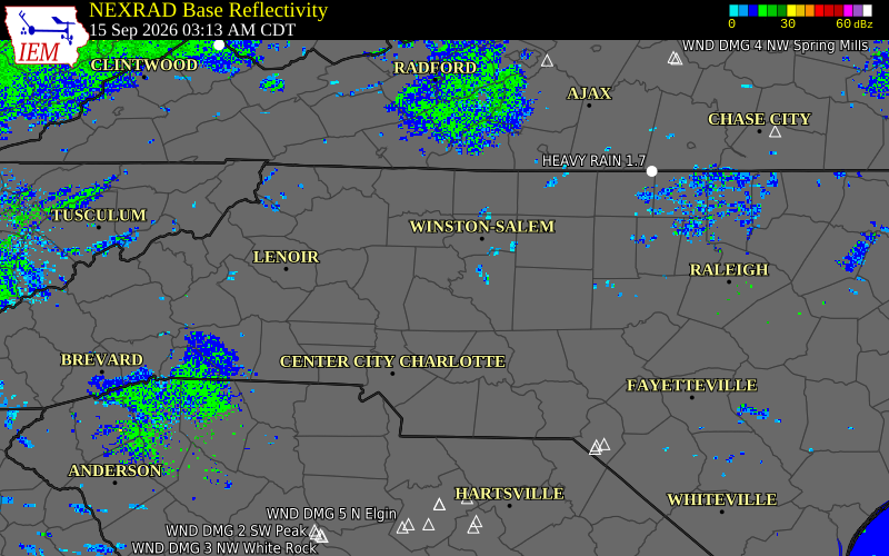 Current NEXRAD radar over Davie County, North Carolina with recent storm report locations