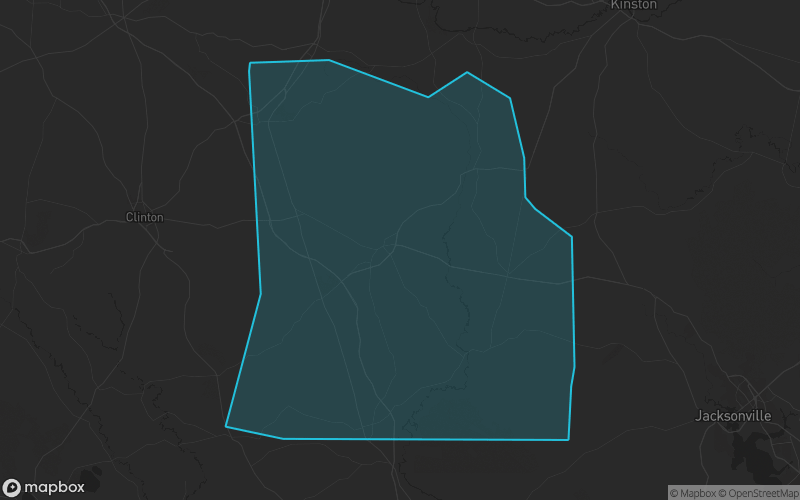 Map of Duplin County, North Carolina showing the county boundary and surrounding cities