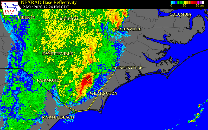 NEXRAD radar during the Thursday, March 12, 2026 storm activity in Duplin County, North Carolina