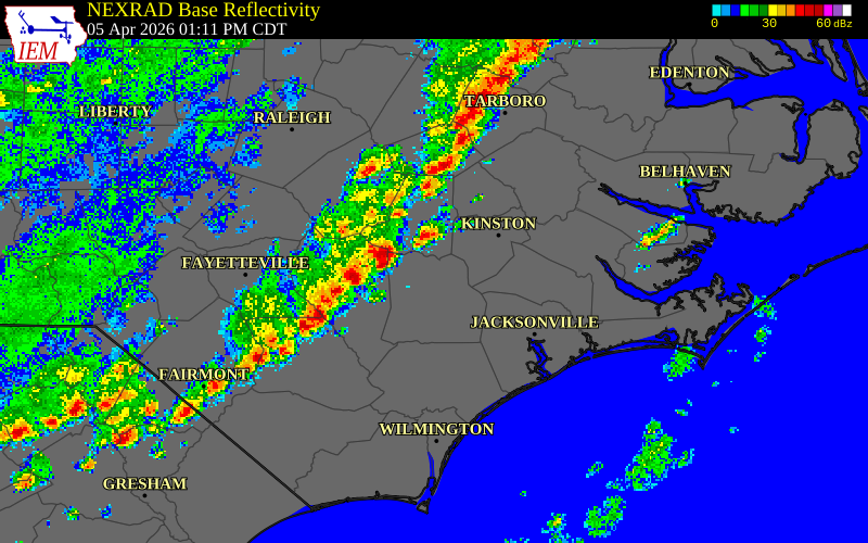 NEXRAD radar during the Sunday, April 5, 2026 storm activity in Duplin County, North Carolina