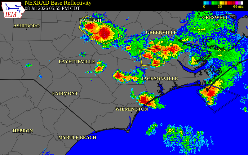 NEXRAD radar during the Wednesday, July 8, 2026 storm activity in Duplin County, North Carolina