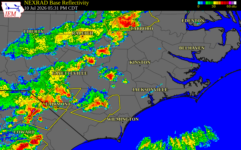 NEXRAD radar during the Friday, July 10, 2026 storm activity in Duplin County, North Carolina