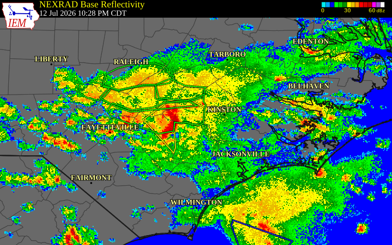 NEXRAD radar during the Sunday, July 12, 2026 storm activity in Duplin County, North Carolina