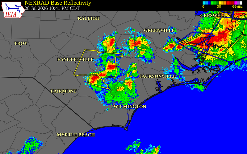 NEXRAD radar during the Tuesday, July 28, 2026 storm activity in Duplin County, North Carolina