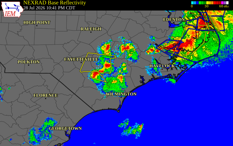 Radar snapshot during the Jul 28, 2026 wind event near Duplin County, Duplin County, North Carolina, with NWS warning polygons