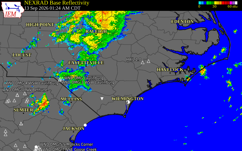 Current NEXRAD radar over Duplin County, North Carolina with recent storm report locations