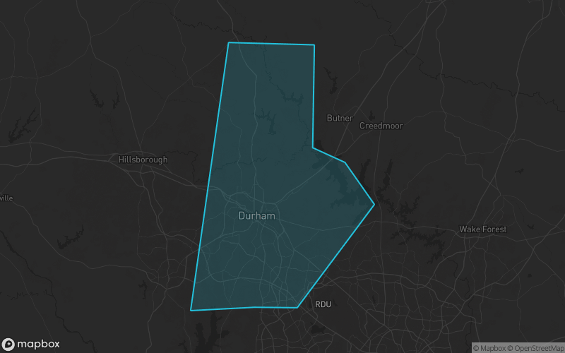 Map of Durham County, North Carolina showing the county boundary and surrounding cities