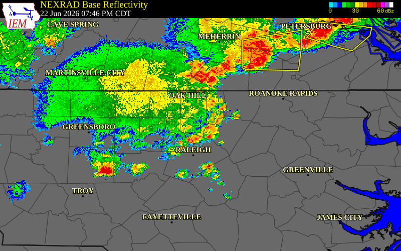 NEXRAD radar during the Monday, June 22, 2026 storm activity in Durham County, North Carolina