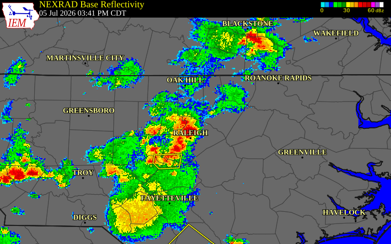 NEXRAD radar during the Sunday, July 5, 2026 storm activity in Durham County, North Carolina