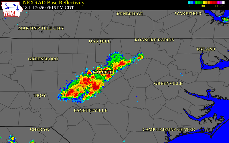 NEXRAD radar during the Saturday, July 18, 2026 storm activity in Durham County, North Carolina