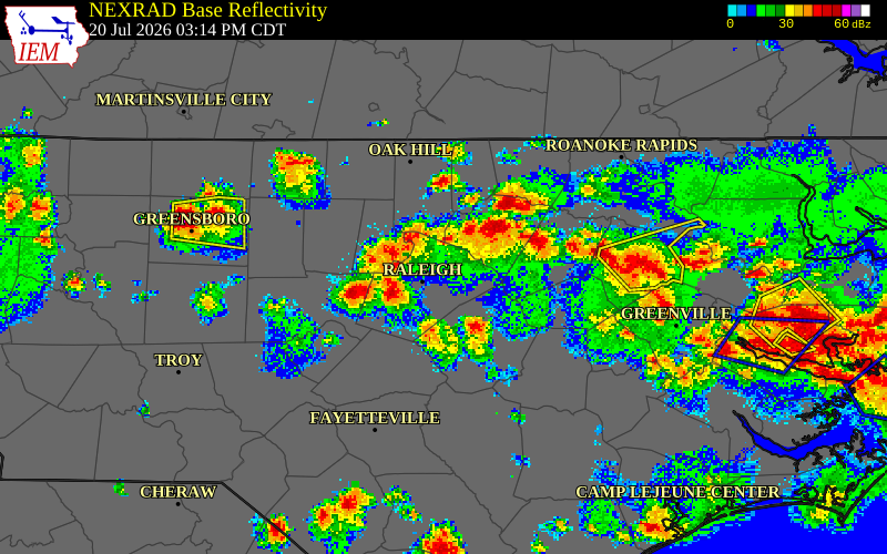 NEXRAD radar during the Monday, July 20, 2026 storm activity in Durham County, North Carolina