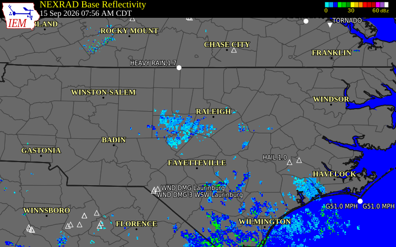 Current NEXRAD radar over Durham County, North Carolina with recent storm report locations