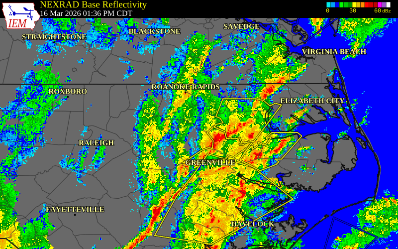 NEXRAD radar during the Monday, March 16, 2026 storm activity in Edgecombe County, North Carolina