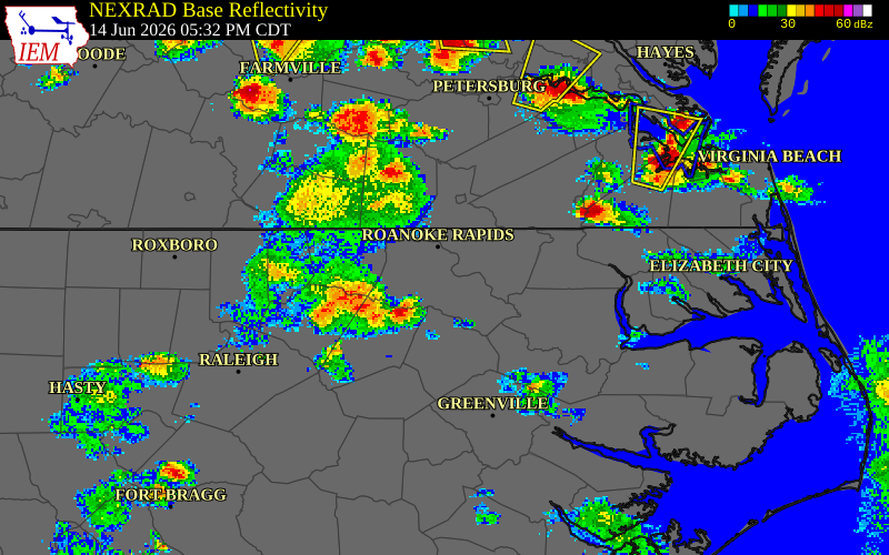 NEXRAD radar during the Sunday, June 14, 2026 storm activity in Edgecombe County, North Carolina
