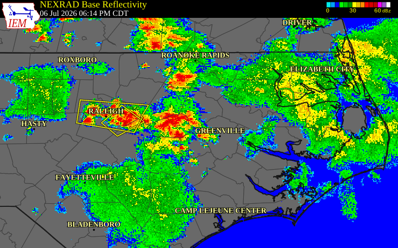 NEXRAD radar during the Monday, July 6, 2026 storm activity in Edgecombe County, North Carolina