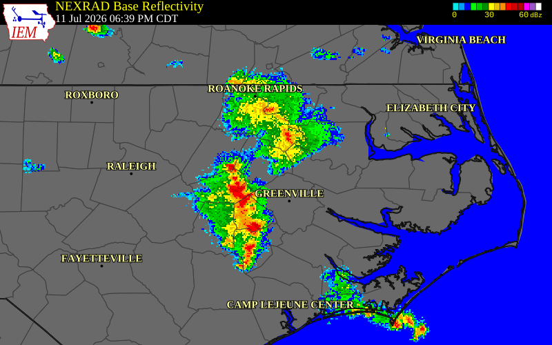 NEXRAD radar during the Saturday, July 11, 2026 storm activity in Edgecombe County, North Carolina