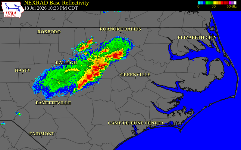 NEXRAD radar during the Saturday, July 18, 2026 storm activity in Edgecombe County, North Carolina
