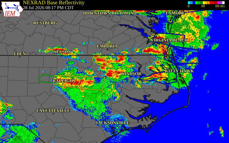 Radar snapshot during the Jul 28, 2026 wind event near Edgecombe County, Edgecombe County, North Carolina, with NWS warning polygons
