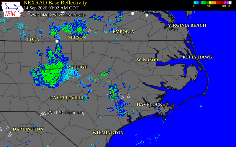 Current NEXRAD radar over Edgecombe County, North Carolina with recent storm report locations