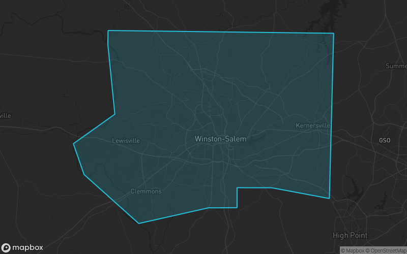 Map of Forsyth County, North Carolina showing the county boundary and surrounding cities