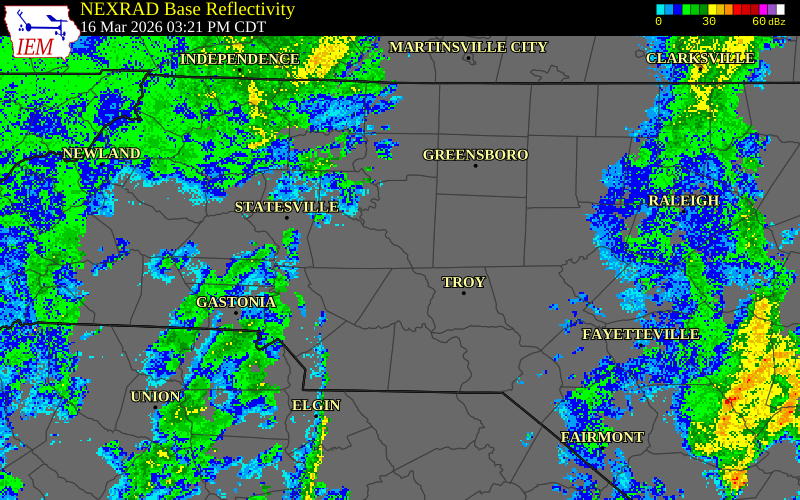 NEXRAD radar during the Monday, March 16, 2026 storm activity in Forsyth County, North Carolina