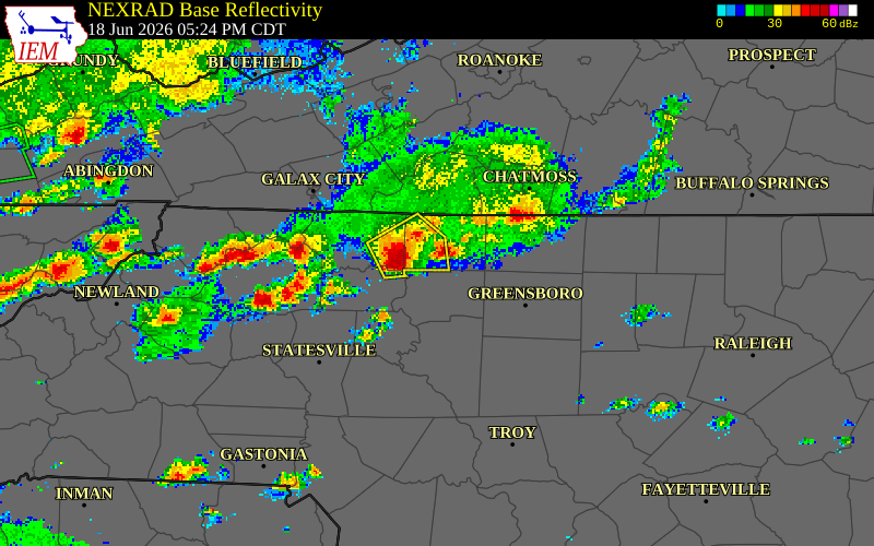NEXRAD radar during the Thursday, June 18, 2026 storm activity in Forsyth County, North Carolina