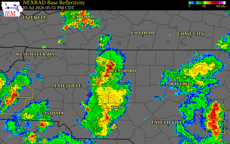 NEXRAD radar during the Sunday, July 5, 2026 storm activity in Forsyth County, North Carolina