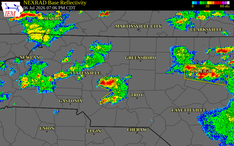 NEXRAD radar during the Monday, July 6, 2026 storm activity in Forsyth County, North Carolina