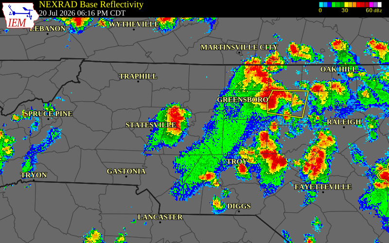 NEXRAD radar during the Monday, July 20, 2026 storm activity in Forsyth County, North Carolina