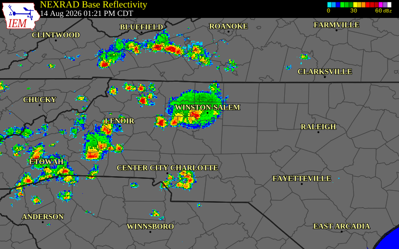 Radar snapshot during the Aug 11, 2026 wind event near Forsyth County, Forsyth County, North Carolina, with NWS warning polygons
