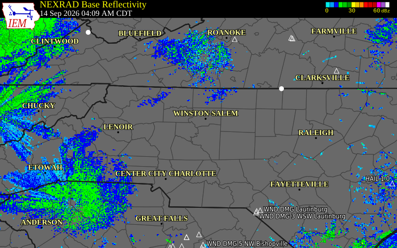 Current NEXRAD radar over Forsyth County, North Carolina with recent storm report locations