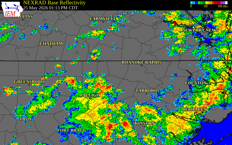 NEXRAD radar during the Monday, May 25, 2026 storm activity in Franklin County, North Carolina