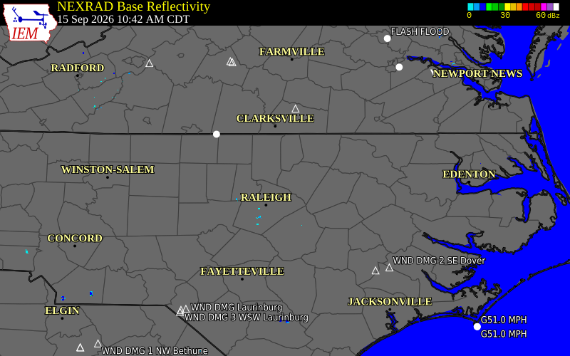 Current NEXRAD radar over Franklin County, North Carolina with recent storm report locations