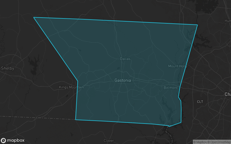 Map of Gaston County, North Carolina showing the county boundary and surrounding cities