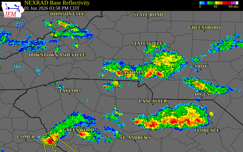 NEXRAD radar during the Monday, June 1, 2026 storm activity in Gaston County, North Carolina