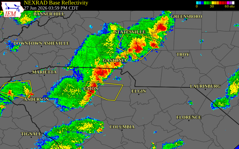NEXRAD radar during the Saturday, June 27, 2026 storm activity in Gaston County, North Carolina