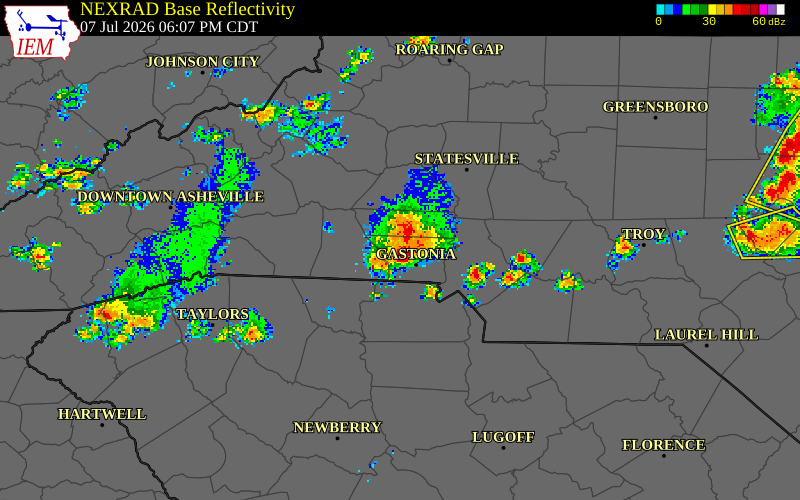 NEXRAD radar during the Tuesday, July 7, 2026 storm activity in Gaston County, North Carolina