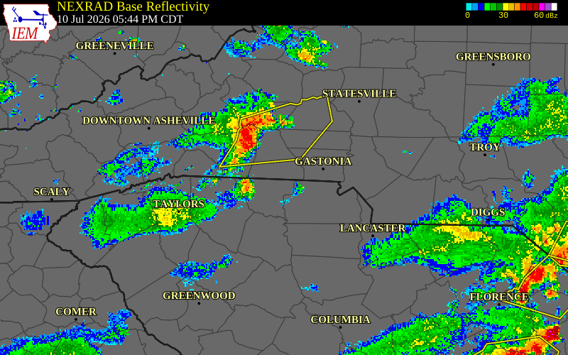 NEXRAD radar during the Friday, July 10, 2026 storm activity in Gaston County, North Carolina
