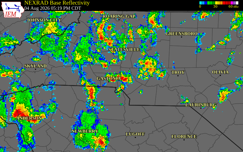 NEXRAD radar during the Tuesday, August 4, 2026 storm activity in Gaston County, North Carolina