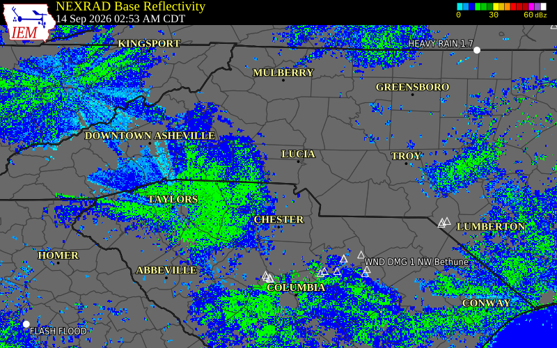Current NEXRAD radar over Gaston County, North Carolina with recent storm report locations
