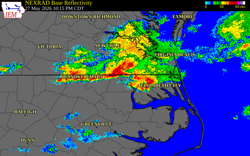NEXRAD radar during the Wednesday, May 27, 2026 storm activity in Gates County, North Carolina