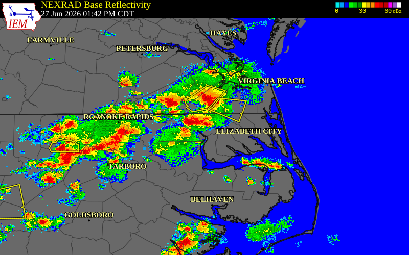 NEXRAD radar during the Saturday, June 27, 2026 storm activity in Gates County, North Carolina