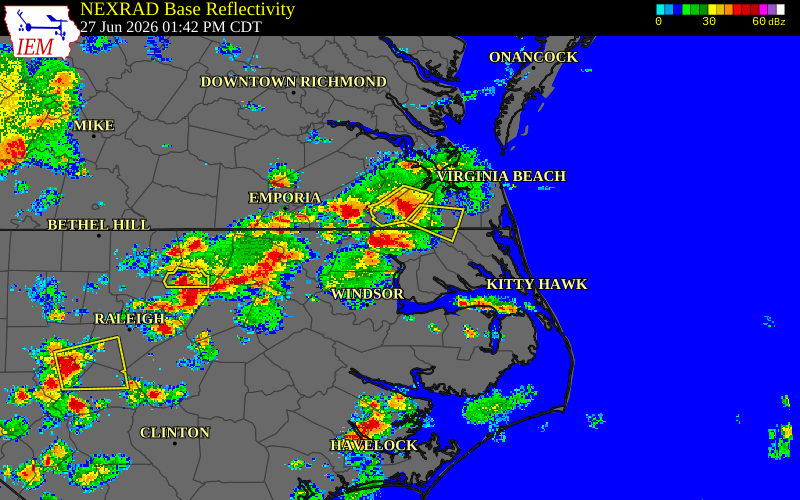 Radar snapshot during the Jun 27, 2026 wind event near Gates County, Gates County, North Carolina, with NWS warning polygons